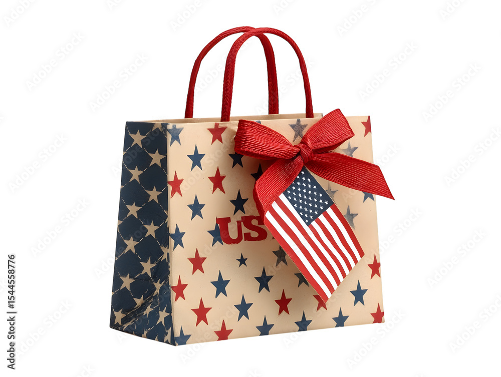 Fototapeta premium 4th july patriotic shopping bag. American flag inspired design. USA American Holiday Sale Gift Bag. isolated on transparent background with clipping path.