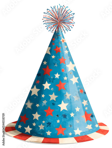 red white blue paper party hat with star print. PNG isolated on a transparent background for patriotic independence day celebration.	