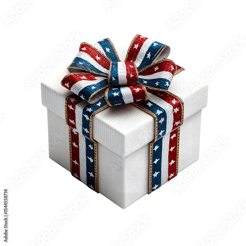 gift box with USA flag ribbon wrapped around. 4th of July, American Independence Day Celebration.  isolated on transparent background with clipping path.