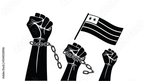 "Juneteenth Raised Fist Silhouettes with Flags and Broken Chains | Black Power Icons on White Background
