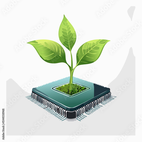 A small green plant grows from a microchip, symbolizing the fusion of nature and technology