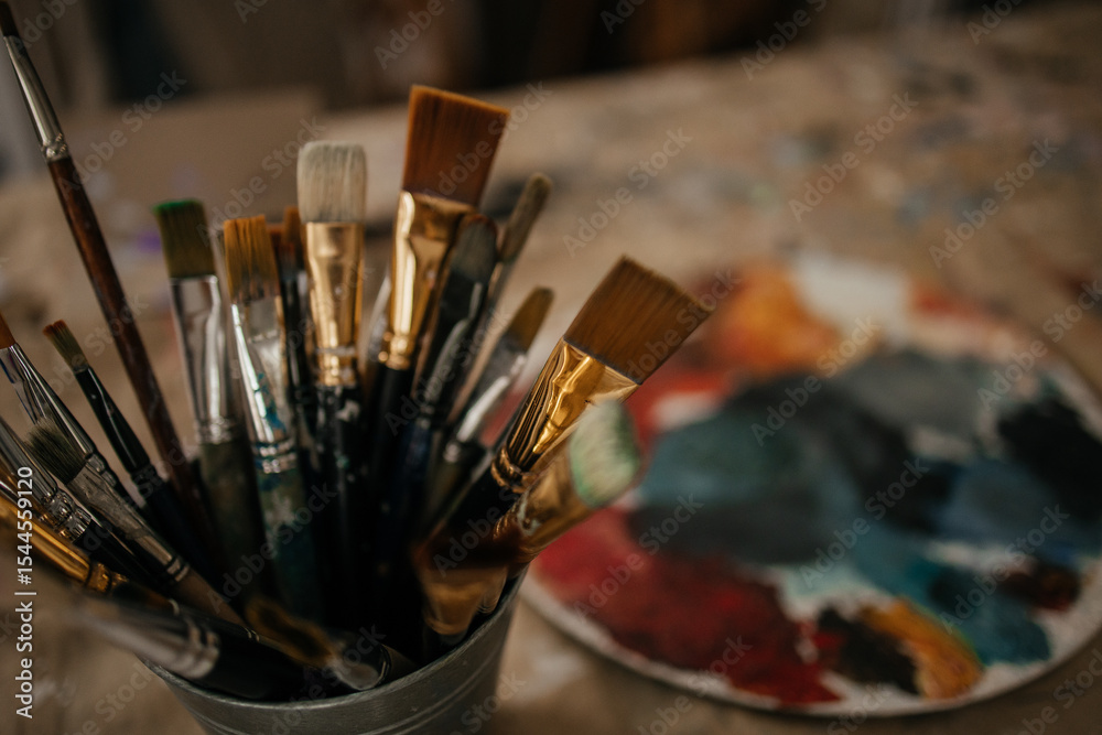Fototapeta premium The artist's working studio. Plaster base, stand, brushes in the stand. The artist's concept. Close-up.