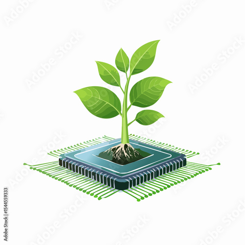A small green plant grows from a microchip, symbolizing the fusion of nature and technology