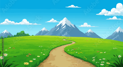 Cartoon Landscape with Green Field, Pathway, and Mountains under Blue Sky