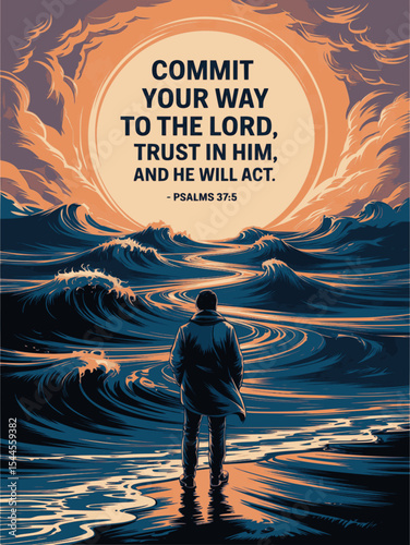 Commit Your Way to the LORD; Trust in Him, and He Will Act – Psalms 37:5 – Stormy Sea Christian Vector Poster with Silhouetted Man and Glowing Path to Light