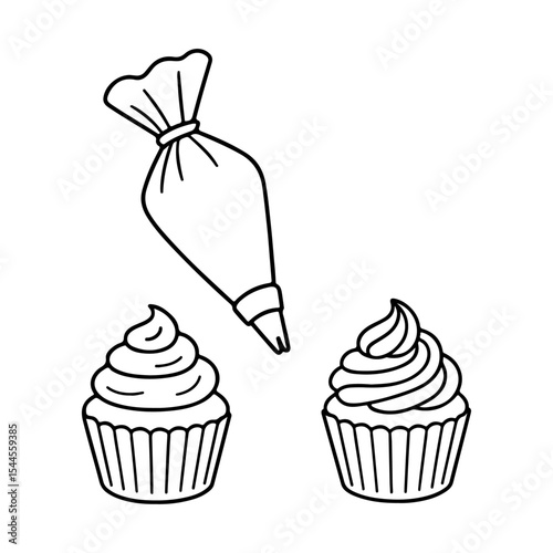 Cupcake Frosting Vector Illustration ? Cute Bakery Line Art for Stickers and Labels.ai