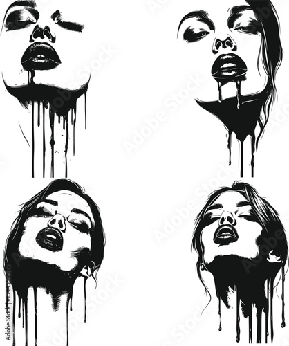 Dripping beautiful Woman face set of four with different poses, vector illustration silhouette