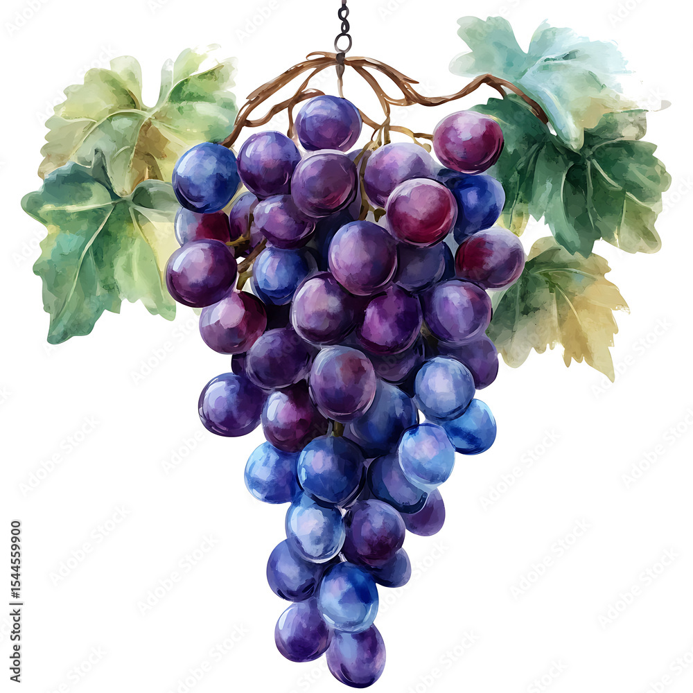 Fototapeta premium Watercolor illustration of a bunch of purple grapes with leaves on transparent background
