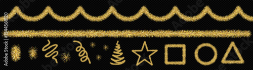 Set of gold garland, tinsel. Parts isolated on black background. Decorations for carnival, Christmas party, New Year holidays. Vector illustration