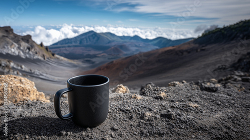 A matte black mug on a volcanic mountain summit with dark, ashy terrain, framed by distant crater edges and a dramatic sky