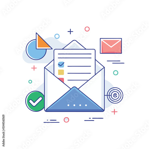 Email Marketing and Subscription Success Flat Illustration Featuring Envelope with Document, Check Mark, Statistics Chart and Target Aim, Ideal for Business