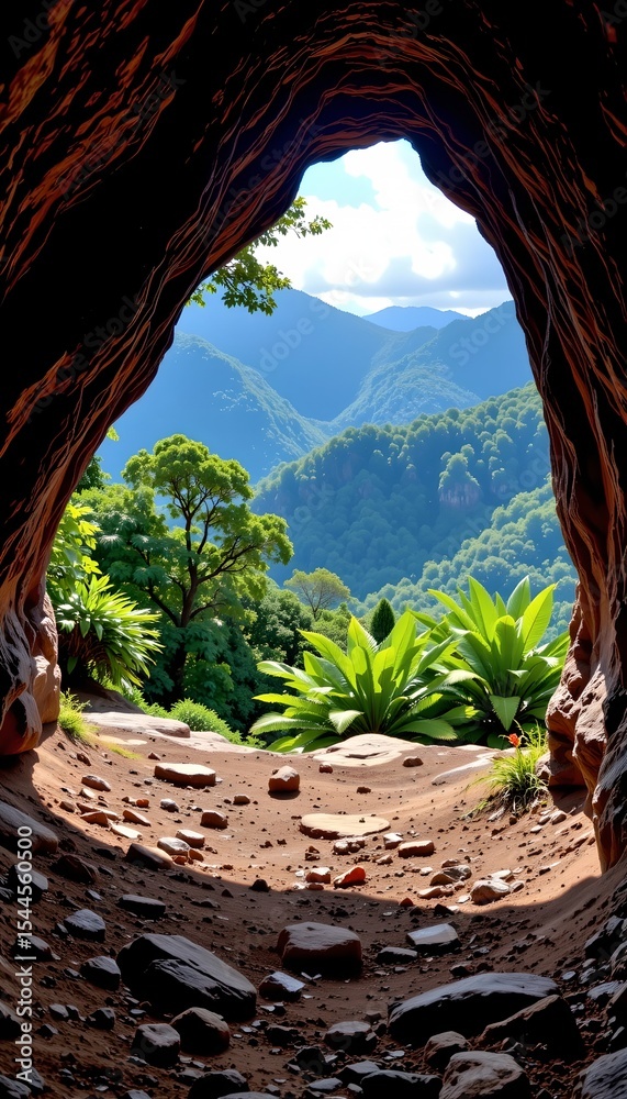 Obraz premium an open air stone archway offering a panoramic view of a mountainous landscape under a clear blue sky