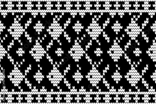 A school of white fish on a black background. Full seamless pattern in a weave pattern.