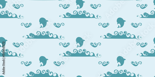 Repeating ocean themed pattern with stylized waves and dolphin silhouettes, perfect for kids, beach, or nautical designs. Vector art