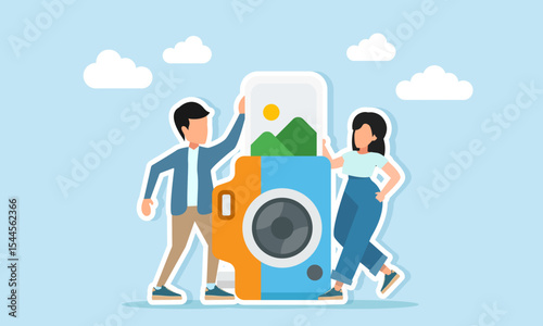 Male and female photographers near camera and photo prints illustration of selecting or sorting photography results