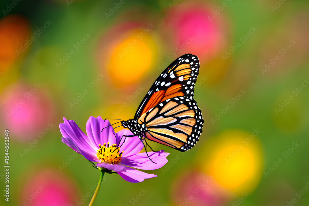 Fototapeta premium Monarch Butterfly on Purple Cosmos Flower Vibrant Orange Black White Wings Delicate Petals Soft Bokeh Background Garden Setting Summer Nature Scene