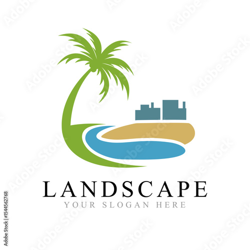 Tropical Landscape Logo with Palm Tree, River, and Building Silhouettes