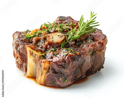 Juicy beef dish garnished with herbs on a white plate.