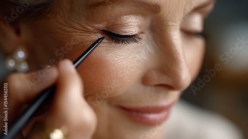 Woman enjoys a beauty treatment as makeup artist applies eyeliner in a cozy salon setting