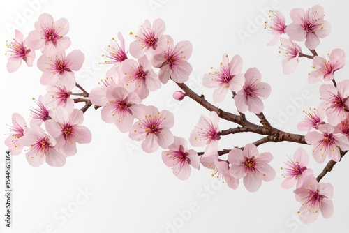 Delicate pink blossoms herald spring s gentle arrival on a rustic branch on white background. Generative Ai