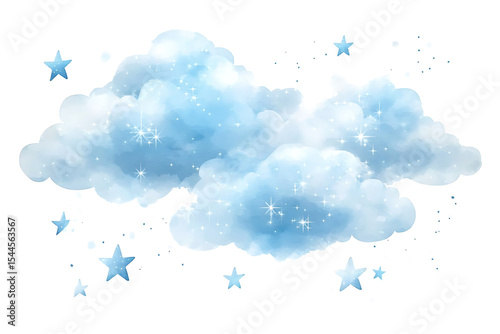 Watercolor blue clouds with sparkling stars isolated on transparent background