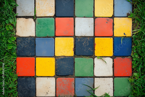 A close up of colorful square tiles arranged in an orderly pattern