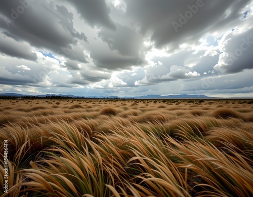 a vast desert landscape under a dramatic sky with large, ominous clouds looming overhead