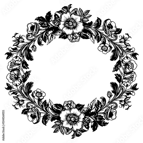 Elegant Floral Frame: An exquisite illustration of a floral frame, showcasing intricate details of blossoming flowers and lush foliage in a timeless artistic style. 