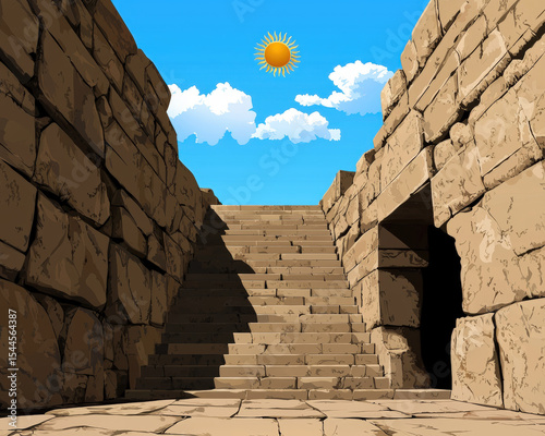 Ancient stone stairway sun blue sky clouds ruins high fidelity flat design emotional calm