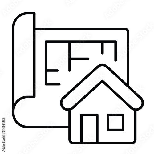 Building layout paper and house thin line icon, architect studio concept. Vector graphics. Project plan of cottage house sign on white background, style mobile or design.