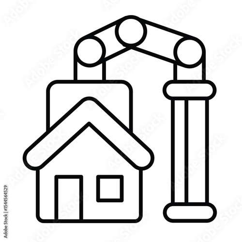 Assembled house and crane thin line icon, construction concept. Vector graphics. 3D printed cottage building sign on white background, style mobile or design.