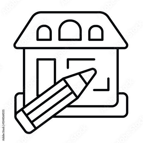 Home house design and pencil thin line icon, architect studio concept. Vector graphics. Cottage building project drawing sign on white background, style mobile or design.