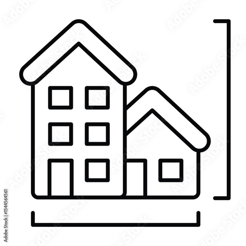 Tall building and private house thin line icon, architect studio concept. Vector graphics. High rise building measurement sign on white background, style mobile or design.