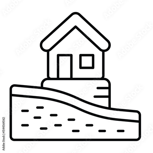 Ground cut and house foundation thin line icon, construction concept. Vector graphics. Foundation plan for cottage building sign on white background, style mobile or design.