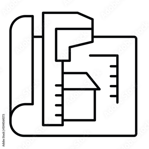 Caliper and house design plan thin line icon, architect studio concept. Vector graphics. Measurement tool with house project sign on white background, style mobile or design.