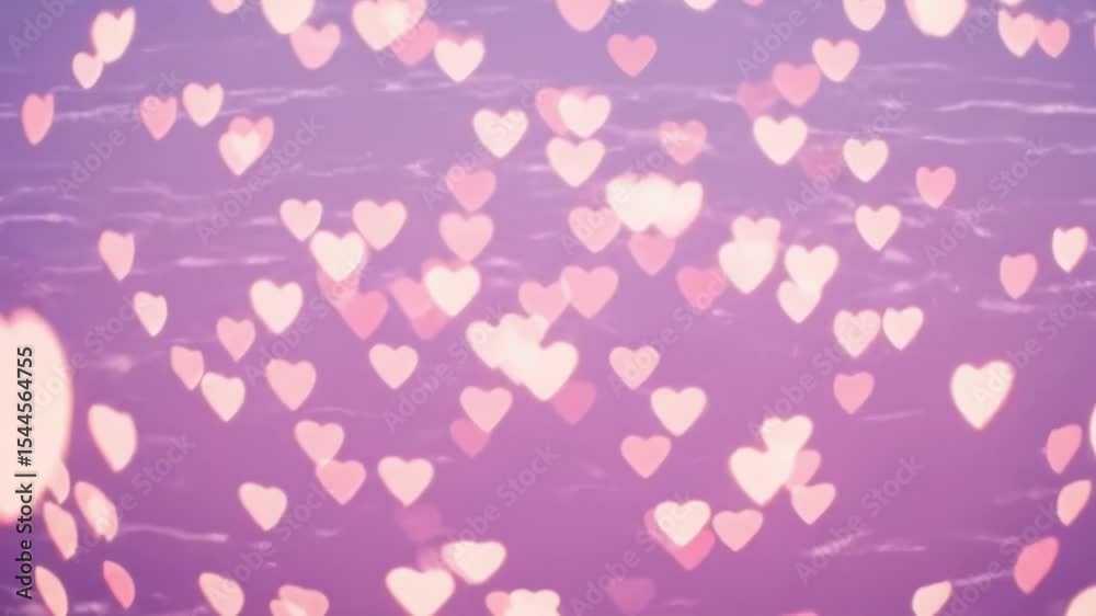 Many pink heart shaped bokeh lights softly glow on a purple background