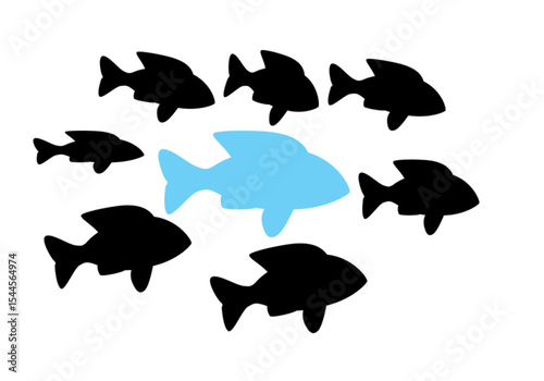 Leadership Concept with Light Blue Fish Surrounded by Dark Silhouette Fish | Teamwork and Individuality Visual for Business and Marketing