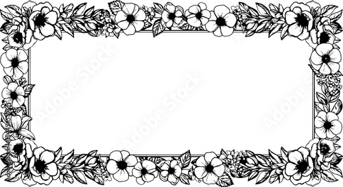 Floral Frame Border: Elegant black and white floral frame border, perfect for adding a touch of nature to your designs.  The intricate line art features delicate flowers and leaves.