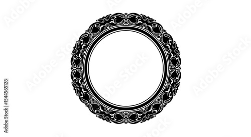 Elegant Frame Circle: A refined ornamental black circle frame on an isolated background. Its intricate patterns create a captivating visual for design.