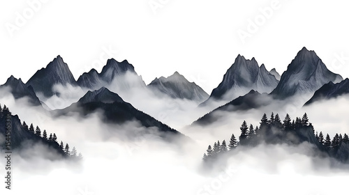 Misty mountain range landscape with pine trees on transparent background