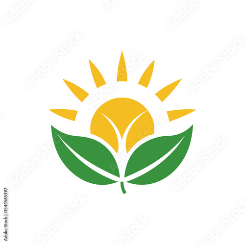 Sun and leaves icon logo representing natural energy source and organic product branding