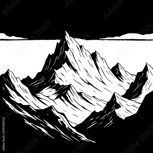 Majestic Peaks: A dramatic illustration of towering mountain peaks reaching towards the sky, a monochrome depiction that evokes a sense of awe and wonder.