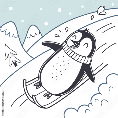 A joyful penguin sledding down a snowy mountainside offers a charming winter design perfect for greeting cards children's books and apparel