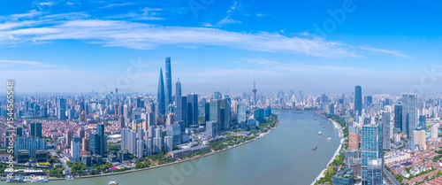 Aerial view of Shanghai skyline in downtown on sunny day.