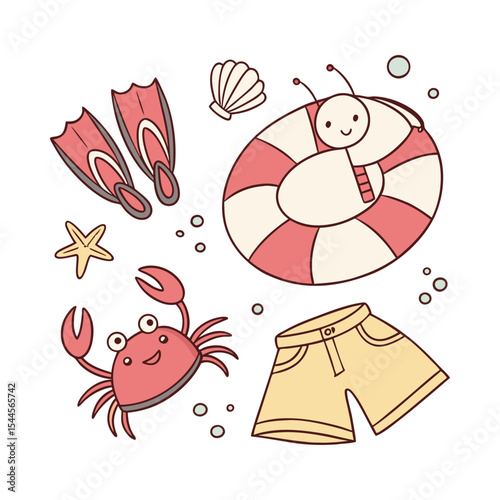 Funny Cartoon Sea Birds and Animals Illustration Set