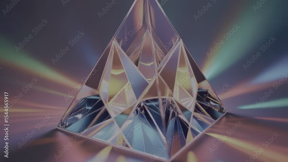A crystalline pyramid glows with vibrant, radiating light against a dark, colorful backdrop. It appears translucent and geometrically complex