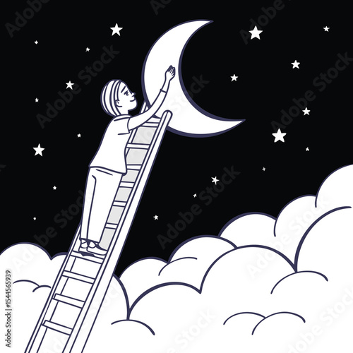 Reaching for the Moon Dreamy Night Sky Design featuring a Person Climbing a Ladder to Touch the Crescent Moon among Stars and Clouds Perfect for Branding and Logo Design
