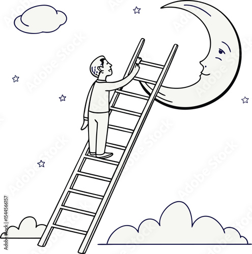 Reaching for the Moon A whimsical design featuring a man climbing a ladder towards a smiling crescent moon under a starry night sky perfect for branding and logo design
