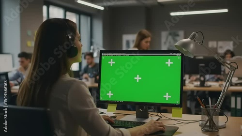 Woman working at computer in office with green screen
