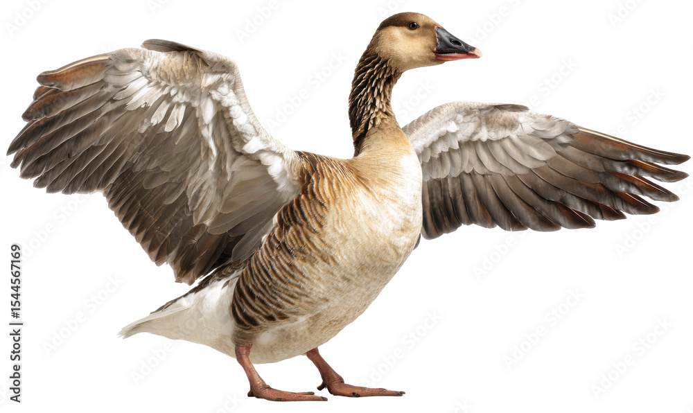 Fototapeta premium A light-brown goose with outstretched wings, against a black background. Close-up, detailed view